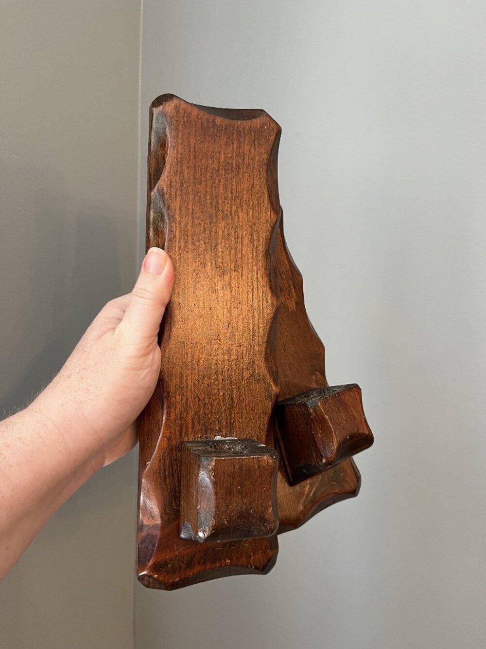Pair Of Vintage Hand-Carved Wooden Wall-Mounted Candle Holders With Rustic Finis